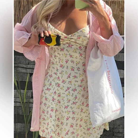 Zara Ditsy Floral Open Back  Mini Slip Dress Yellow Pink Rose NWOT Size Large - Picture 3 of 14